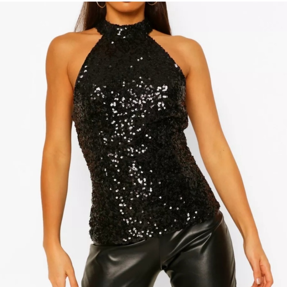 Sequin Halter Neck Tank Top - Black